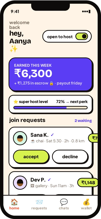 PlusOne host dashboard with upcoming hangs and earnings